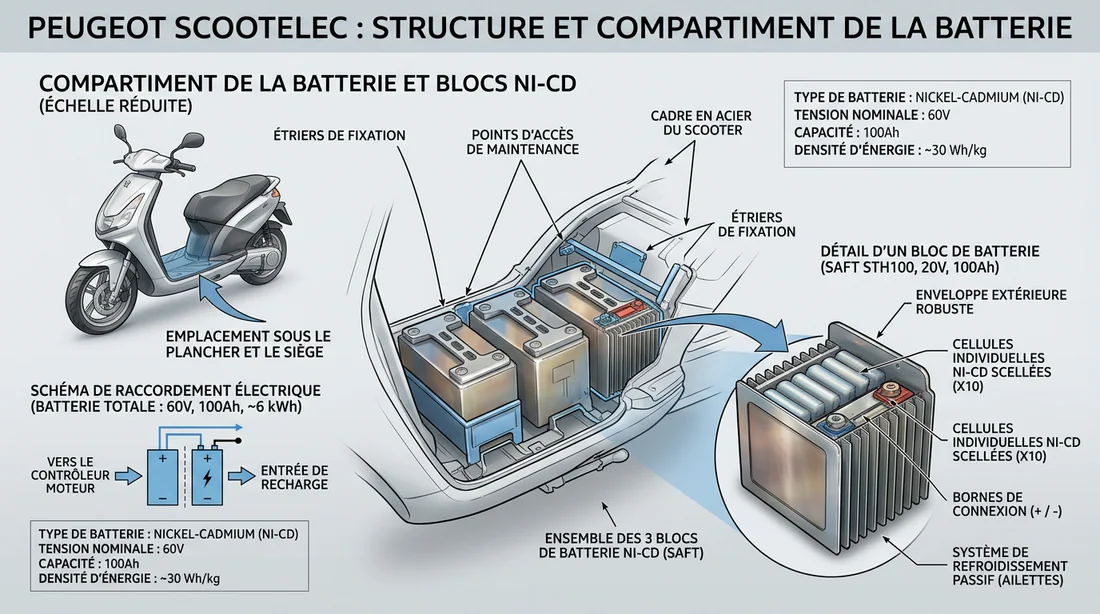 Schéma technique des batteries Nickel-Cadmium du Peugeot Scoot'Elec.
